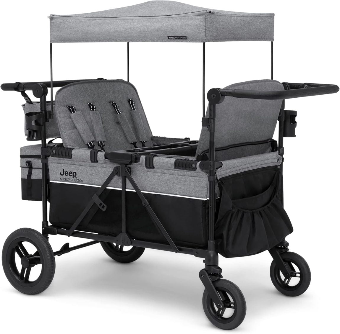 Premium 4-Kid Stroller Wagon | Convertible Seats, Push/Pull Handles, Removable Canopy & Flat Fold, Grey