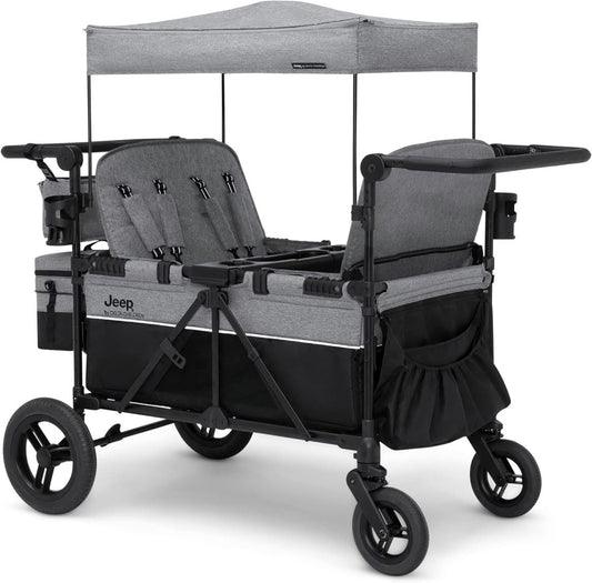 Premium 4-Kid Stroller Wagon | Convertible Seats, Push/Pull Handles, Removable Canopy & Flat Fold, Grey