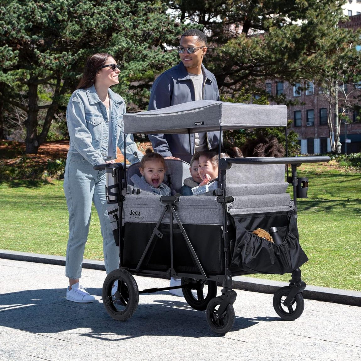 Premium 4-Kid Stroller Wagon | Convertible Seats, Push/Pull Handles, Removable Canopy & Flat Fold, Grey