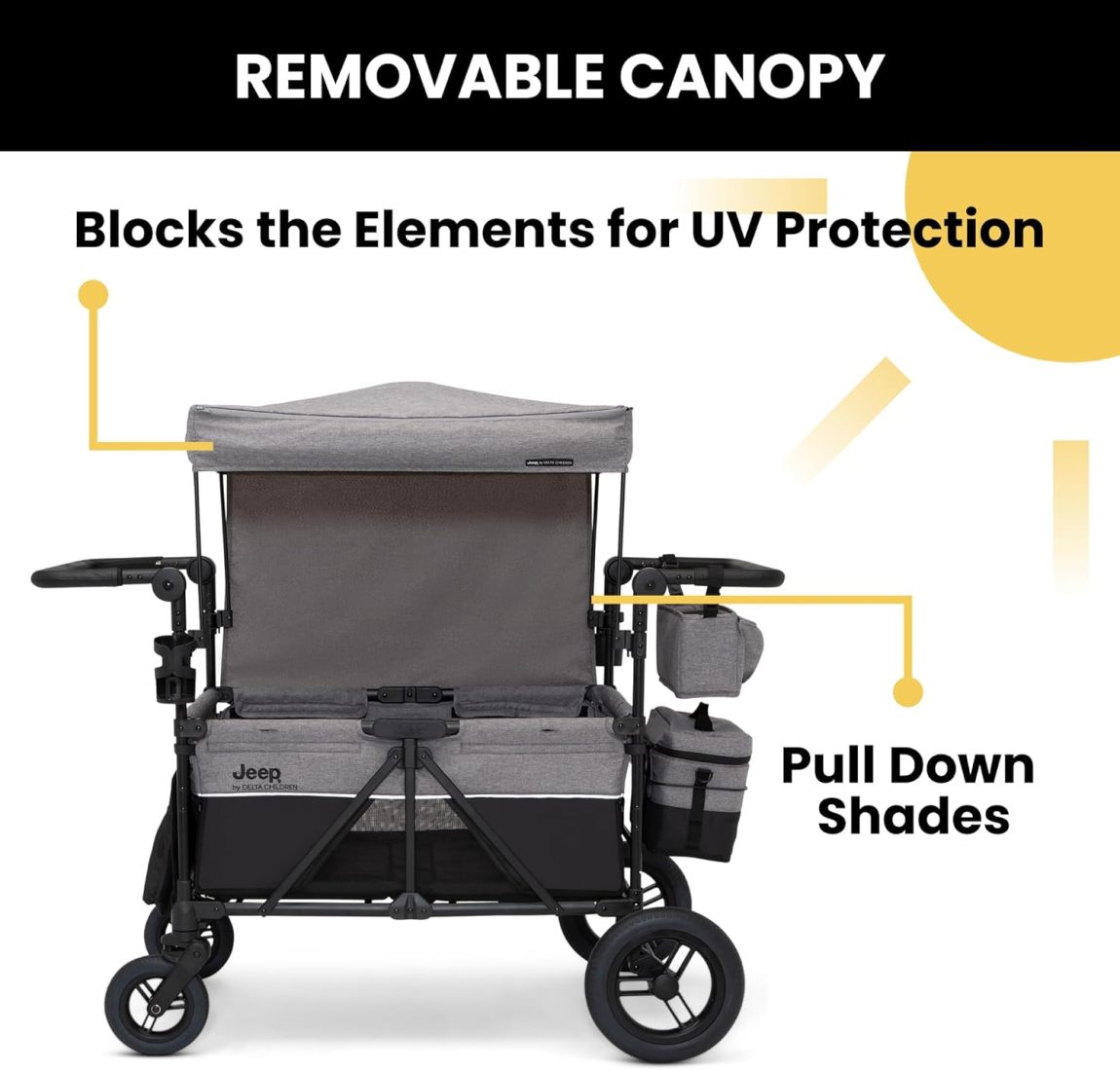 Premium 4-Kid Stroller Wagon | Convertible Seats, Push/Pull Handles, Removable Canopy & Flat Fold, Grey