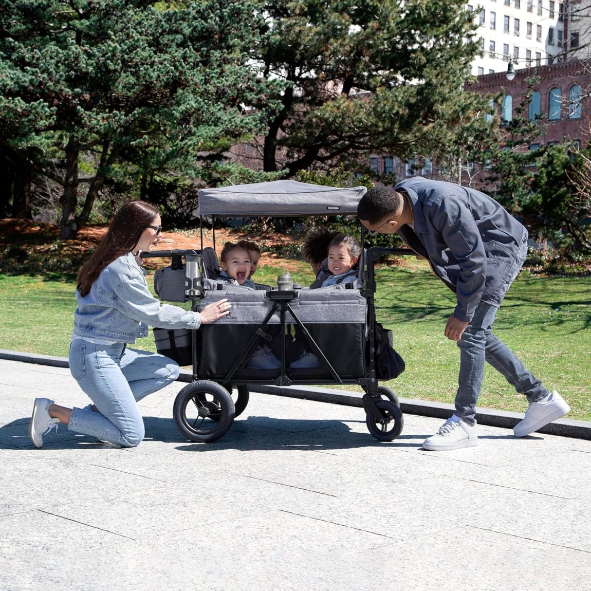 Premium 4-Kid Stroller Wagon | Convertible Seats, Push/Pull Handles, Removable Canopy & Flat Fold, Grey
