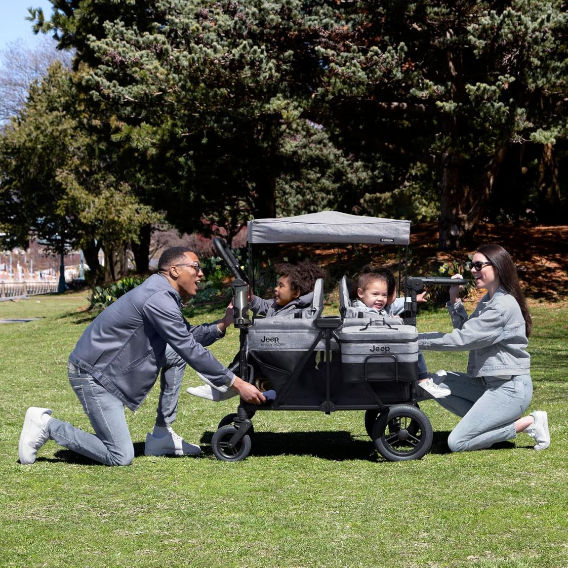 Premium 4-Kid Stroller Wagon | Convertible Seats, Push/Pull Handles, Removable Canopy & Flat Fold, Grey