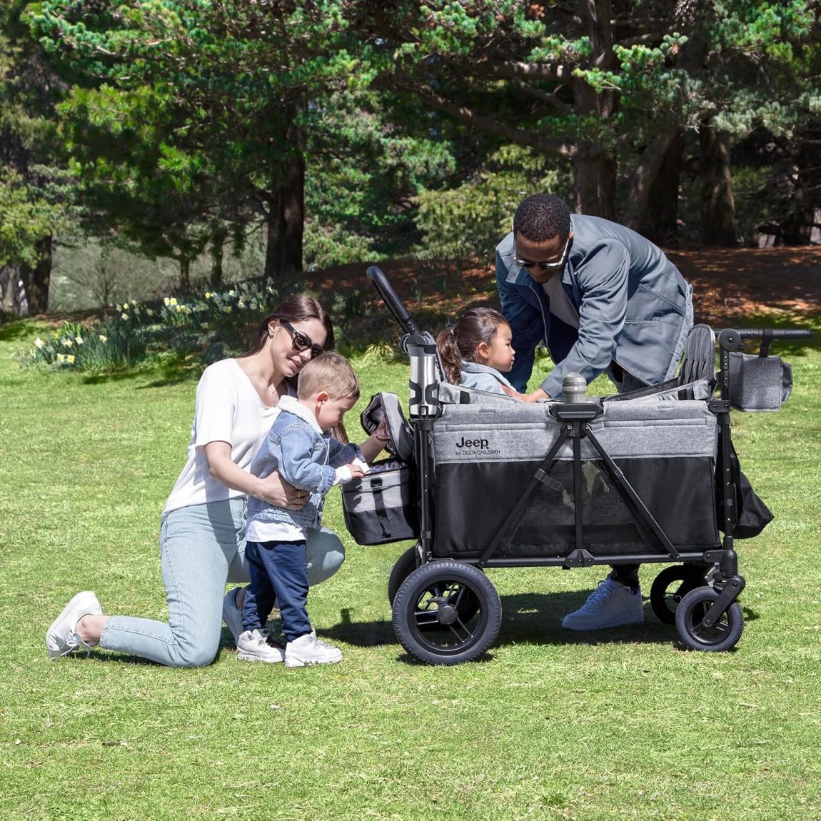 Premium 4-Kid Stroller Wagon | Convertible Seats, Push/Pull Handles, Removable Canopy & Flat Fold, Grey