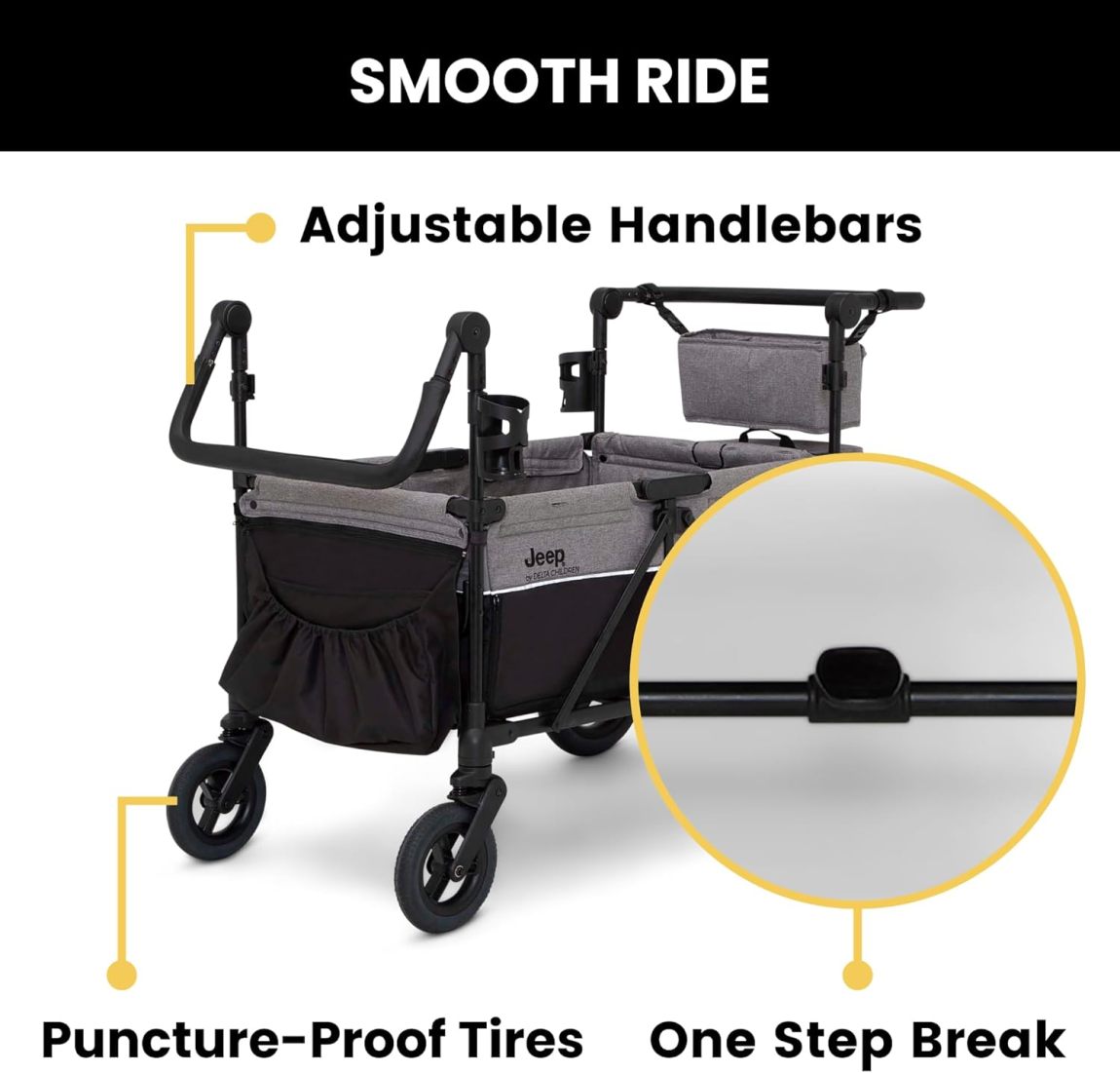 Premium 4-Kid Stroller Wagon | Convertible Seats, Push/Pull Handles, Removable Canopy & Flat Fold, Grey