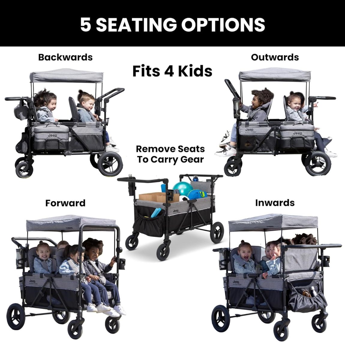 Premium 4-Kid Stroller Wagon | Convertible Seats, Push/Pull Handles, Removable Canopy & Flat Fold, Grey