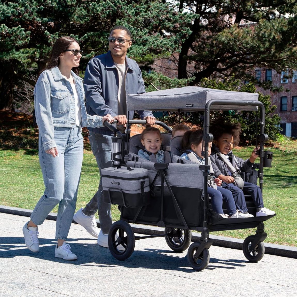 Premium 4-Kid Stroller Wagon | Convertible Seats, Push/Pull Handles, Removable Canopy & Flat Fold, Grey